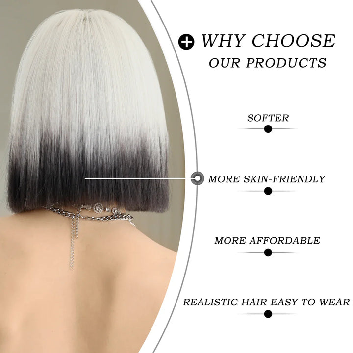 Ombre colored bob wig with bangs, perfect for cosplay or everyday wear.