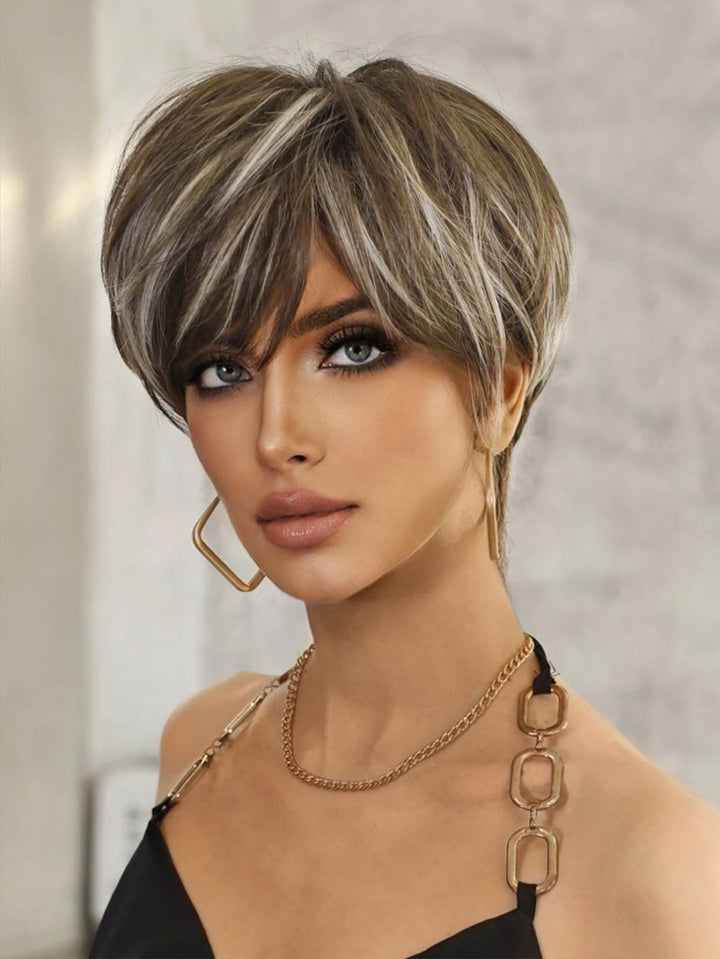 Ombre red pixie cut wig with bangs, cute and natural-looking. Short black and burgundy layered wavy style for women.