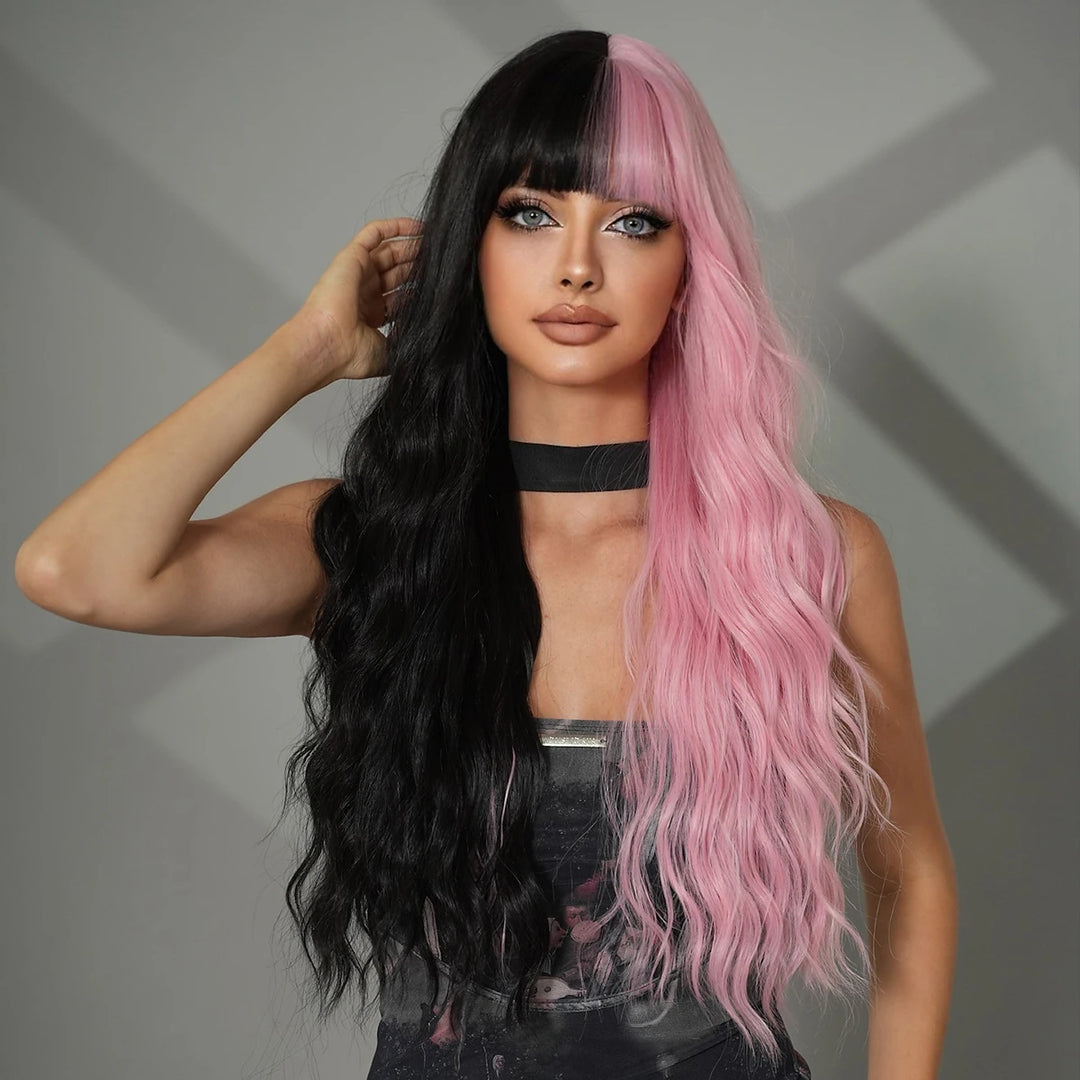 Black Pink Synthetic Hair Skunk Stripe Long Wavy Wigs Heat Resistant Fiber Wholesale Natural Matt Wigs 30 Inch