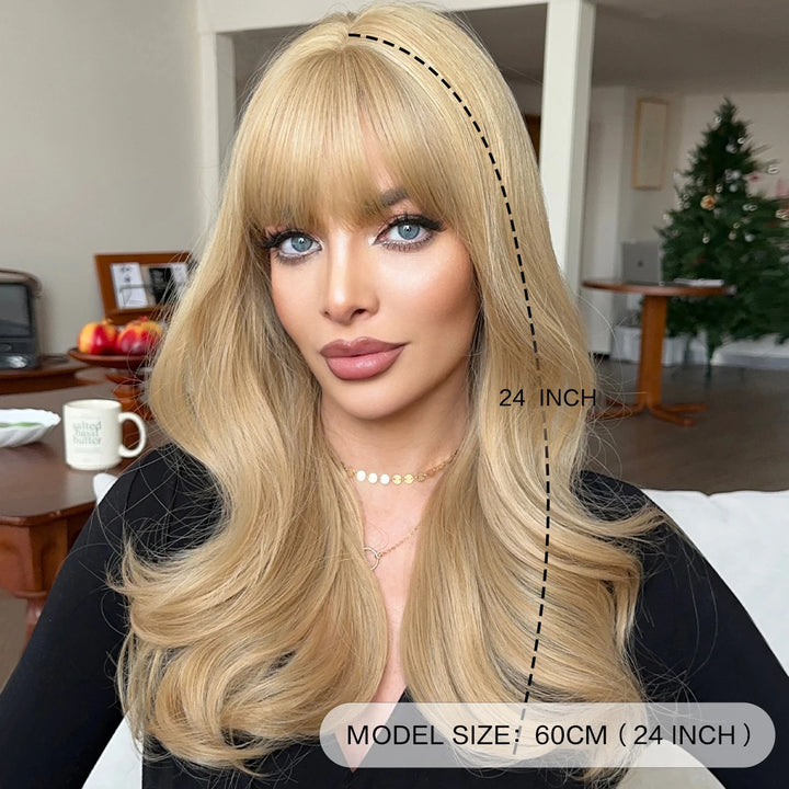 26 Inch Long Blond Curly Hair Wig with Bangs Synthetic Matte Hair Wig for Women.