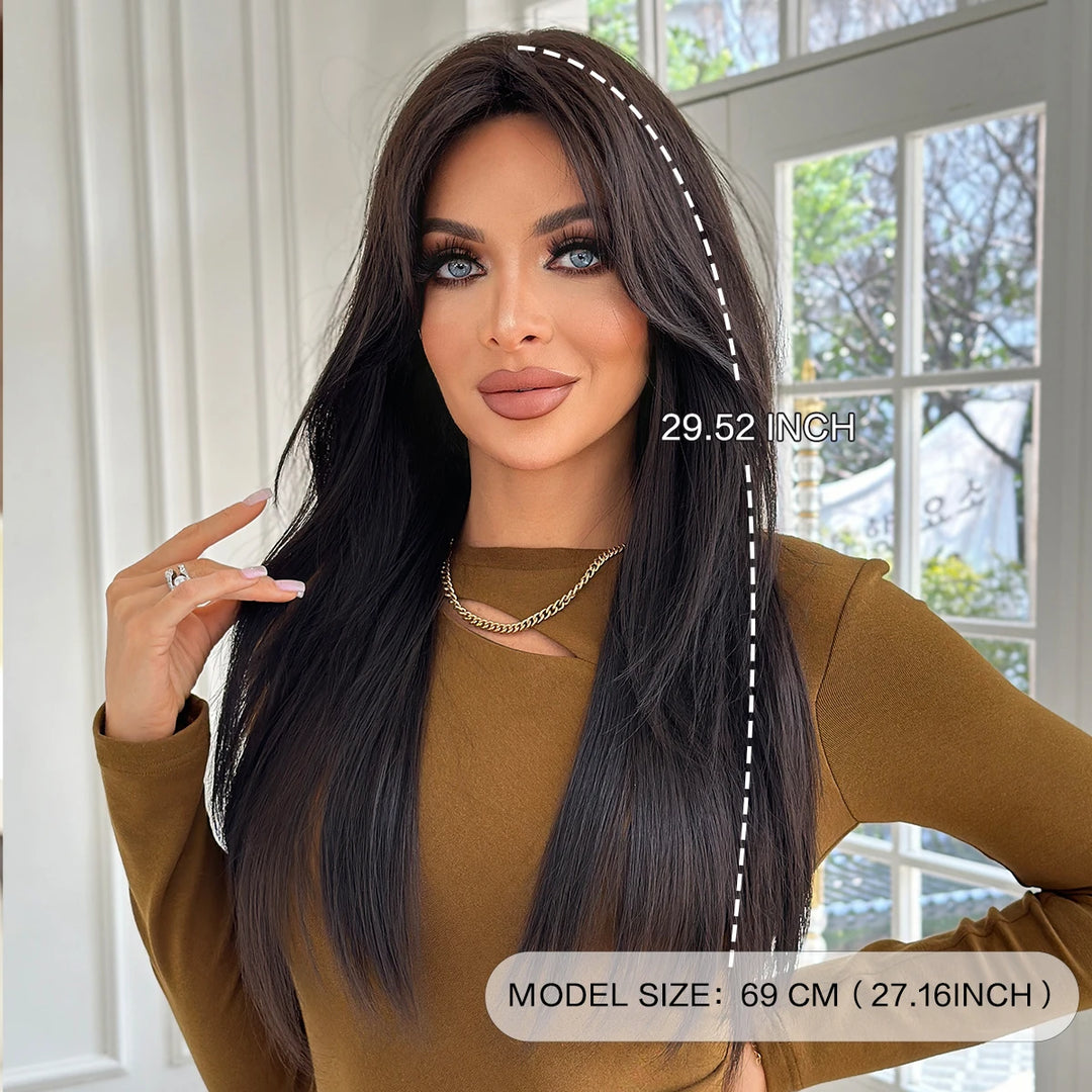 28-inch Layered Long Straight Black Middle-Parted Synthetic Matte Hair Wig for Women, Heat Resistant.