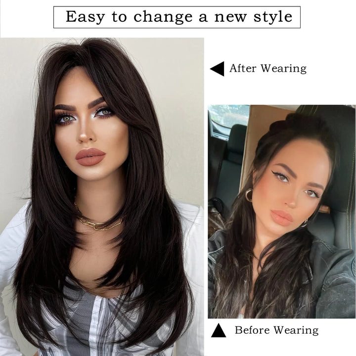 Long black wig with bangs for women. Made of heat-resistant synthetic hair. Perfect for daily wear.