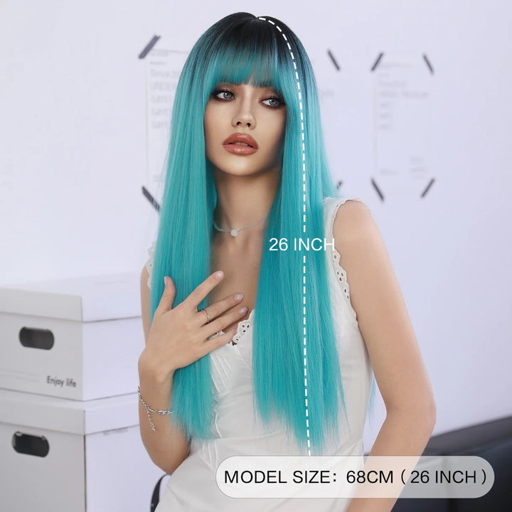 Turquoise Ombre Synthetic Wig with Bangs - Heat Resistant, Bluish Green with Black Roots for a Natural Look.