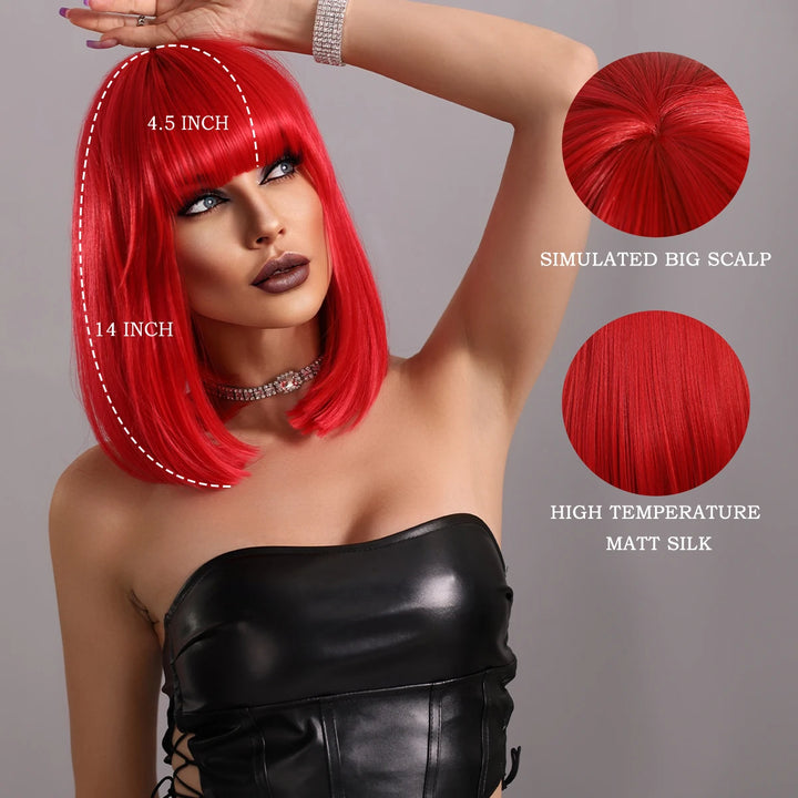 Short red wig with bangs for women, perfect for parties and cosplay. Made of heat-resistant synthetic material.