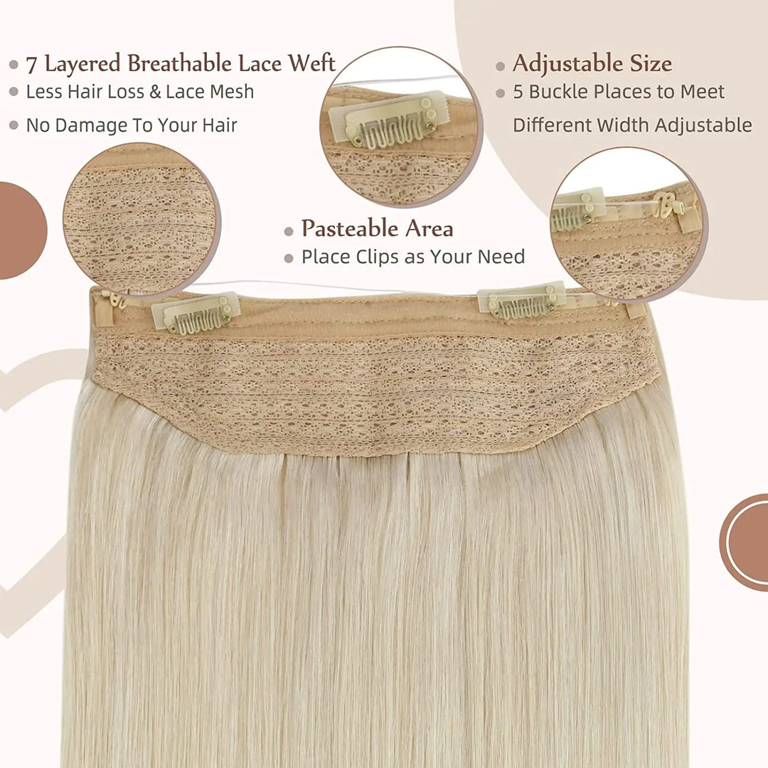 Hair extension with features highlighted on a beige background