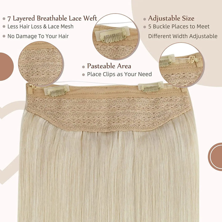 Hair extension with features highlighted on a beige background