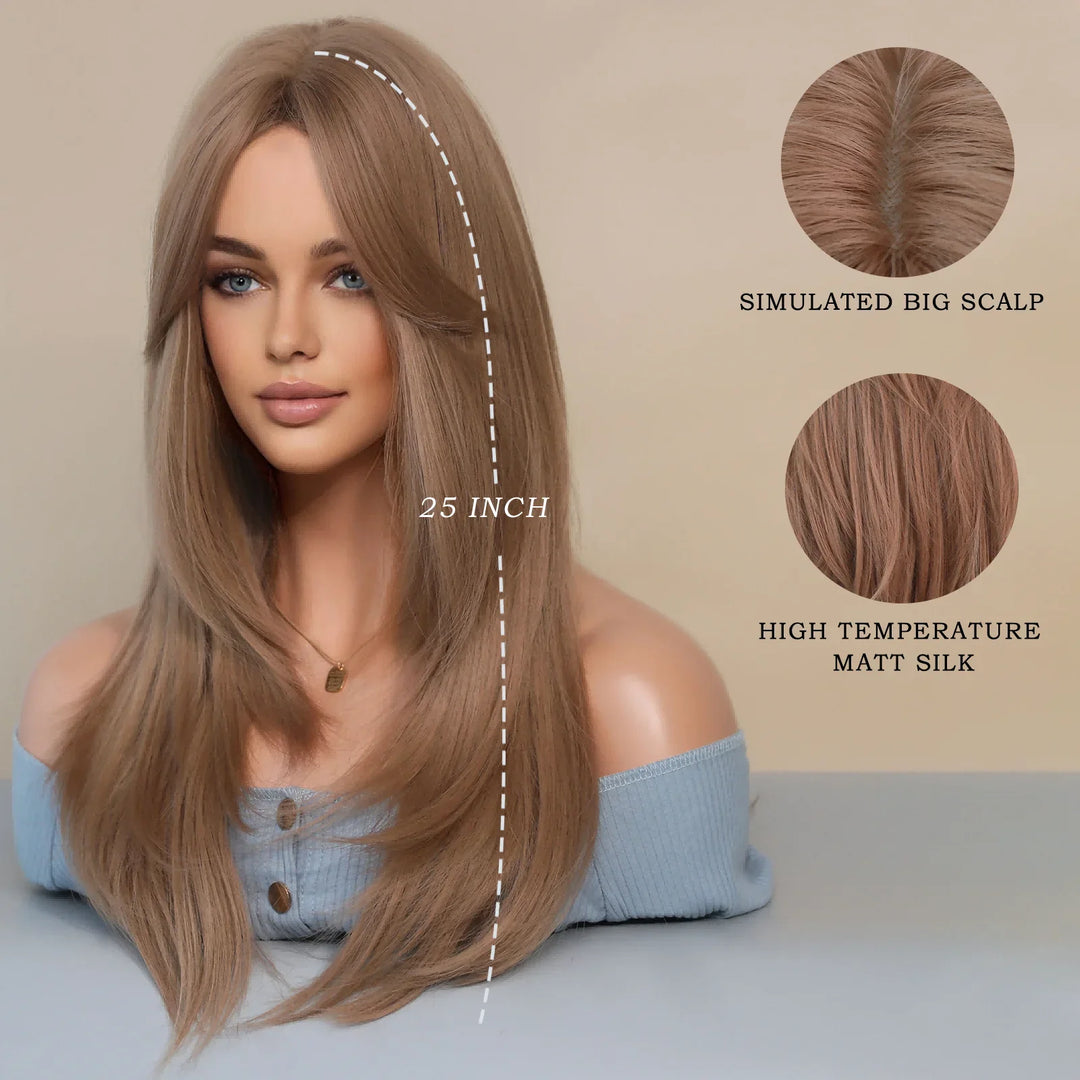 Green Highlight Layered Wig with Curtain Bangs, Synthetic Heat Resistant Hair Wig for Women.