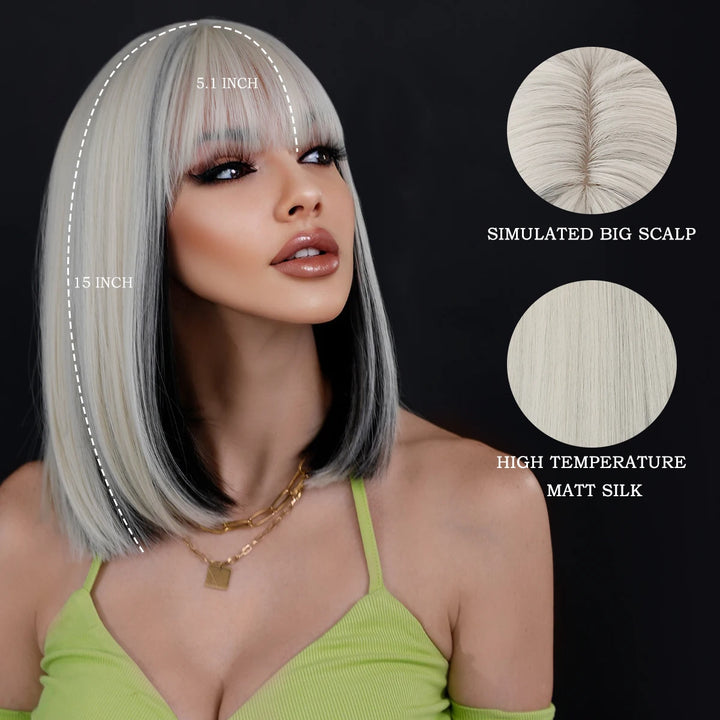 Black Bob Wigs with Bangs, Synthetic Straight Bob Wigs for Women, Heat Resistant 12 in Hair