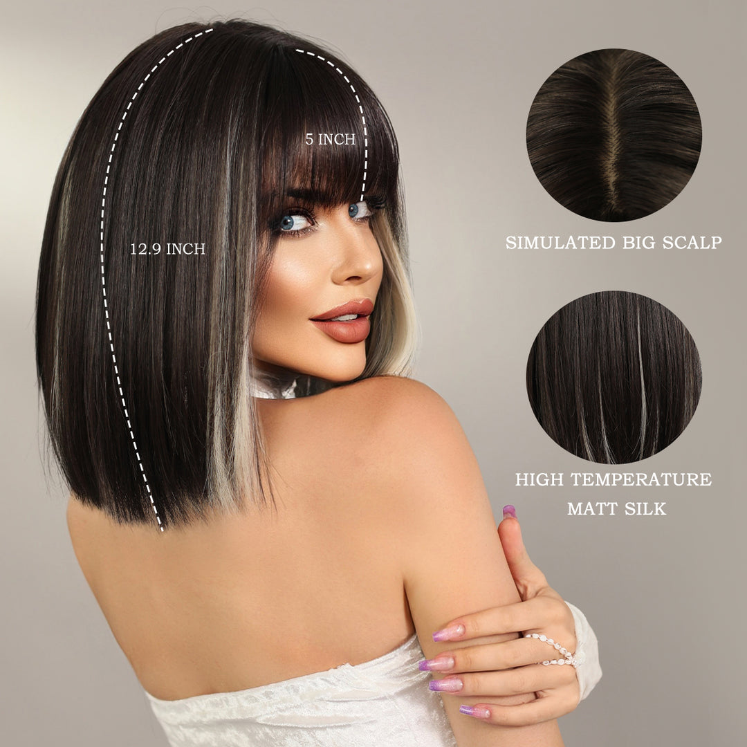 Black Bob Wigs with Bangs, Synthetic Straight Bob Wigs for Women, Heat Resistant 12 in Hair