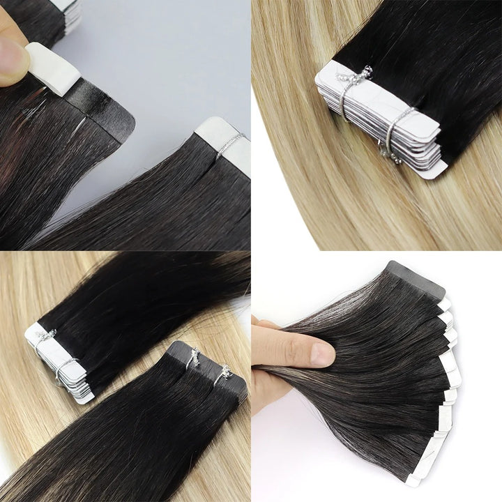 Tape-In Human Hair Extensions – Balayage Blonde, Remy Hair, Seamless Skin Weft, Silky Straight, 100% Natural Soft Hair
