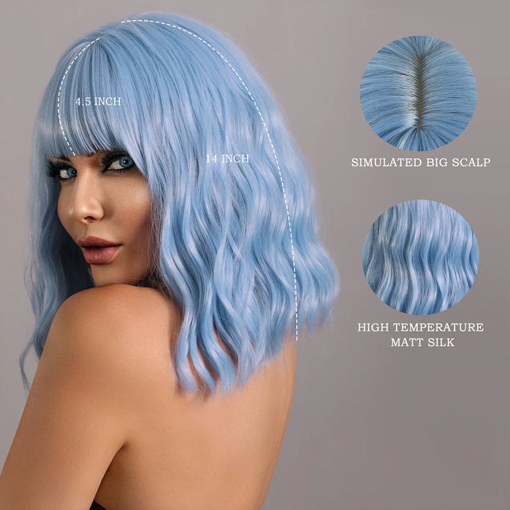 Blue curly bob wig with bangs for women, perfect for Halloween or cosplay parties.