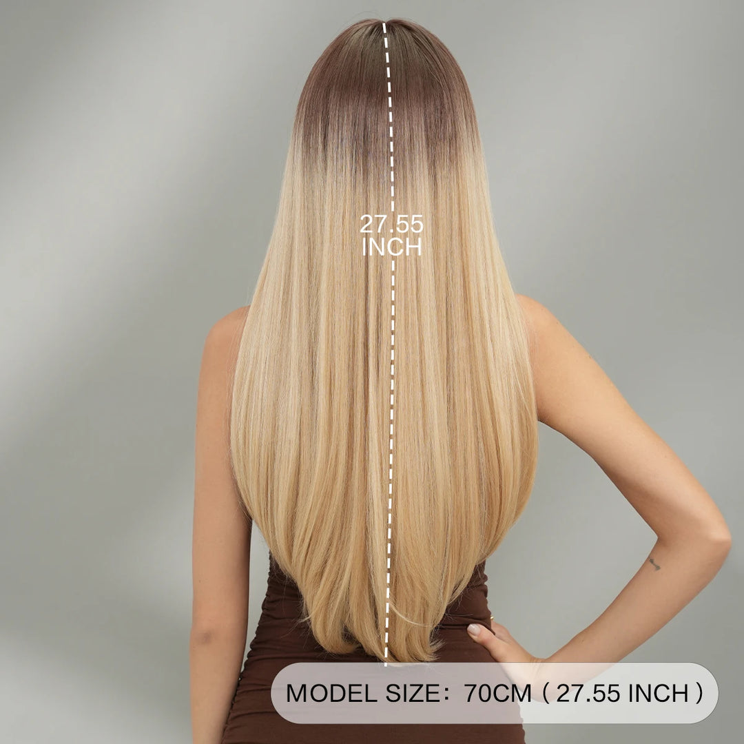 Long Straight Ombre Blonde Synthetic Hair With Bangs for Women Heat Resistant Fiber Wig Hot Selling 28 Inch.