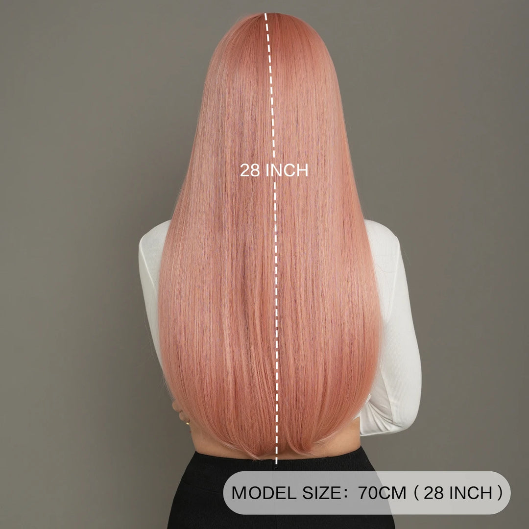Long straight light pink high-quality synthetic hair with bangs for women. Made from heat-resistant fiber, this 28-inch wig is a hot selling item.