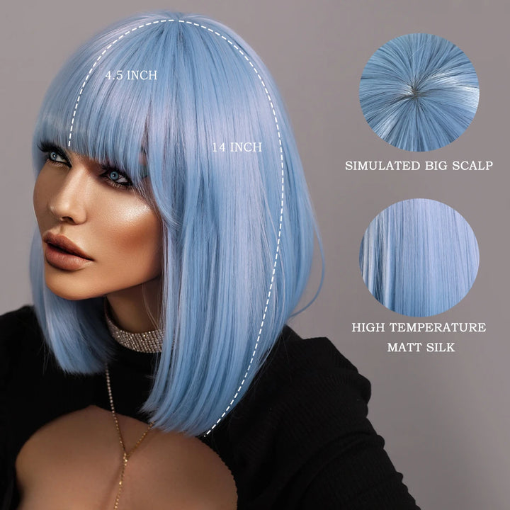 Light Blue Bob Wig with Bangs, Shoulder Length Synthetic Wig for Cosplay Party