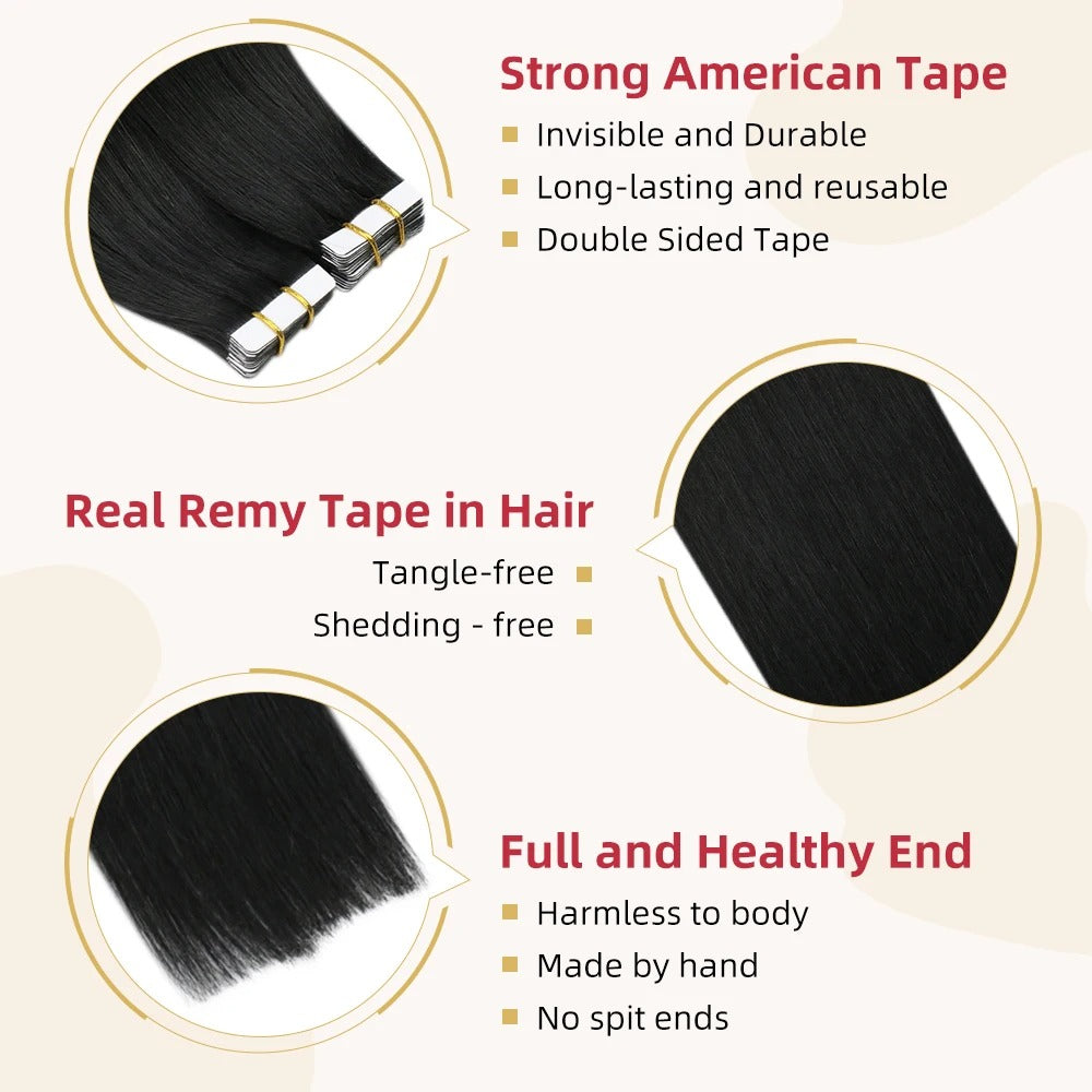 Tape-In Hair Extensions – Natural Black, Straight, 100% Real Remy Human Hair, Seamless Adhesive Tape Extensions