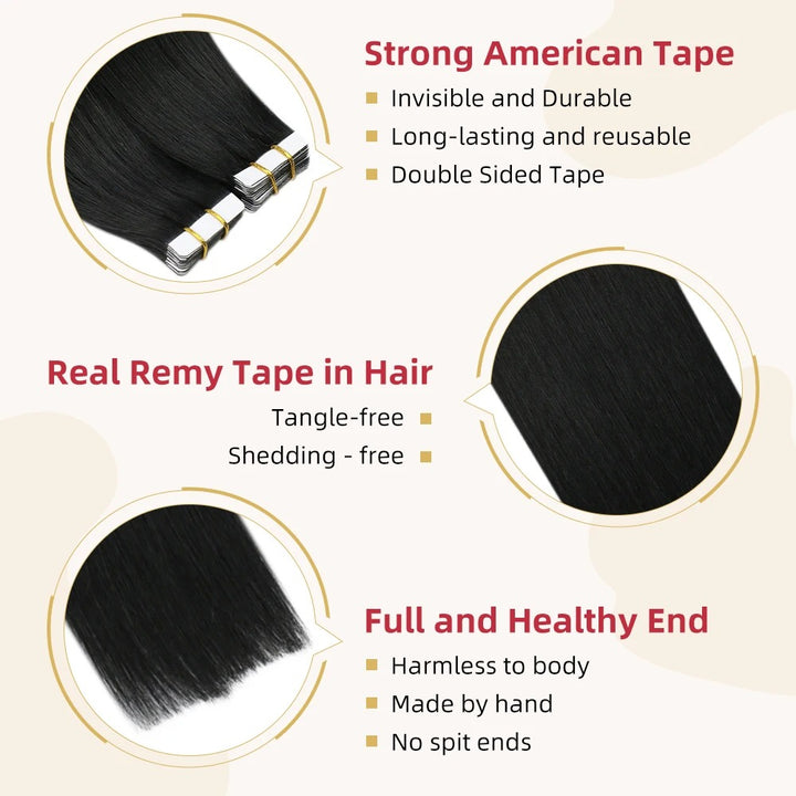 Tape-In Hair Extensions – Natural Black, Straight, 100% Real Remy Human Hair, Seamless Adhesive Tape Extensions