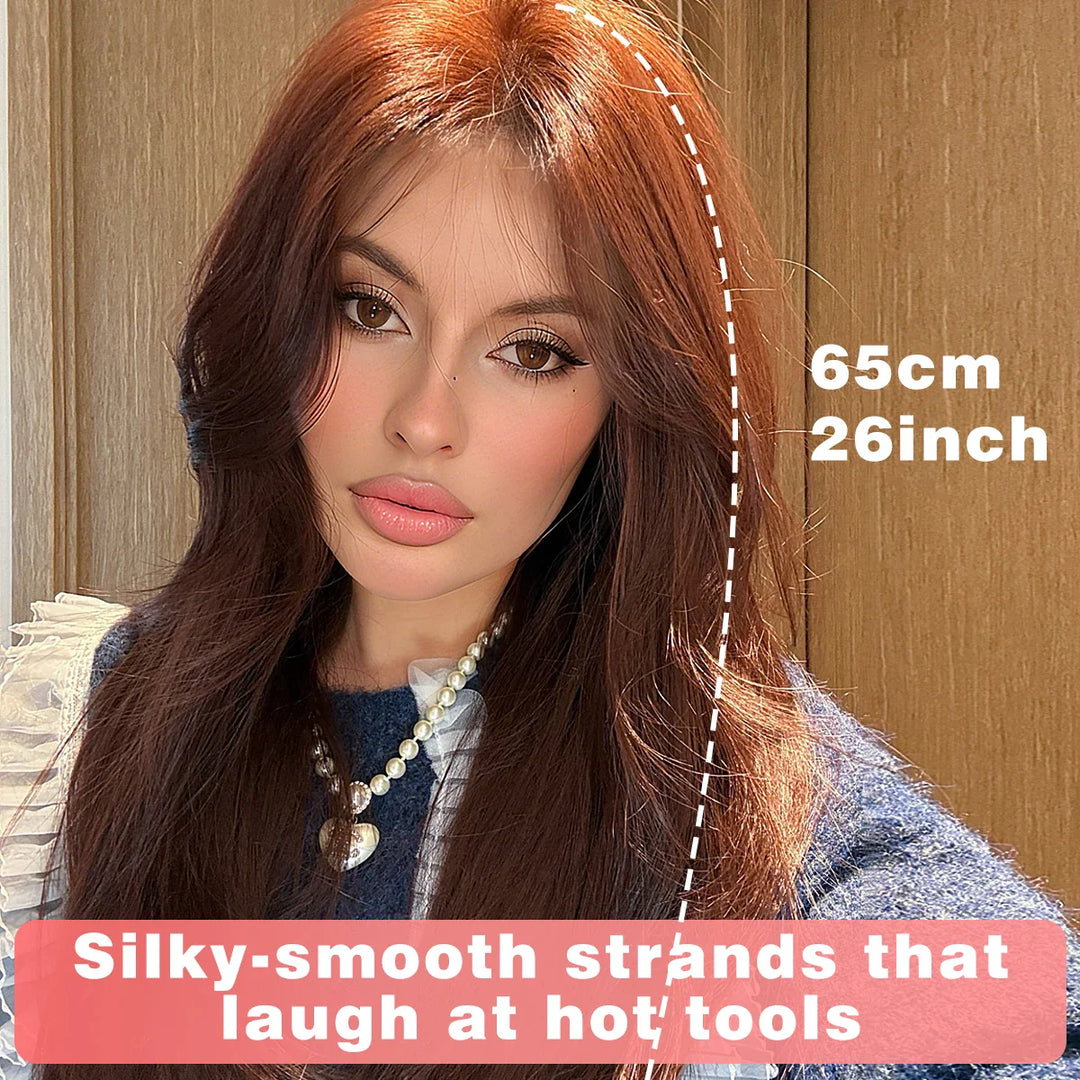 Monotop U Part Lace Long Curly Wig with Bangs for Women, 26 Inches, Heat Resistant Synthetic Brown Wig