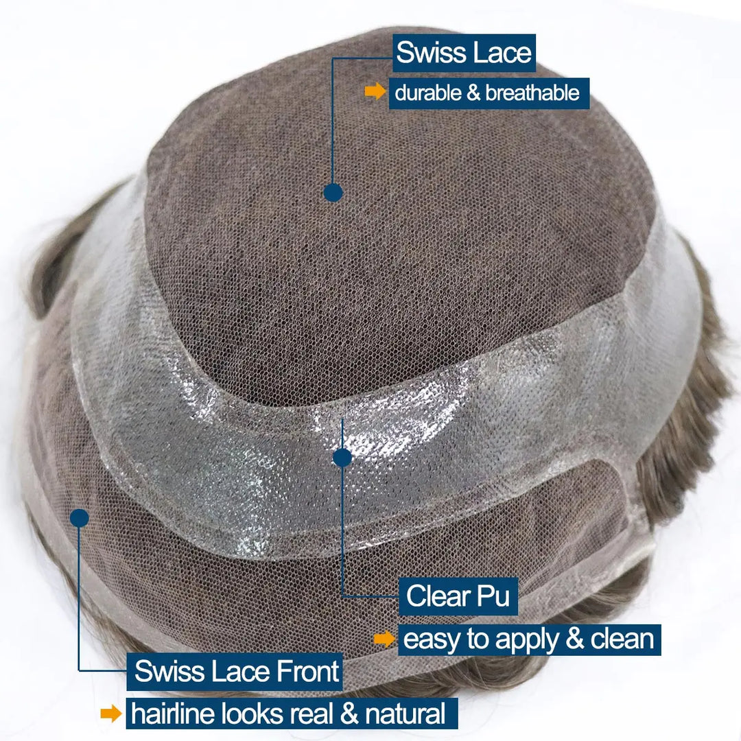 Australia Base Swiss Lace Human Hair Men Toupee Natural Hairline Skin PU & Lace Men's Capillary Prosthesis Male Wig Hair System
