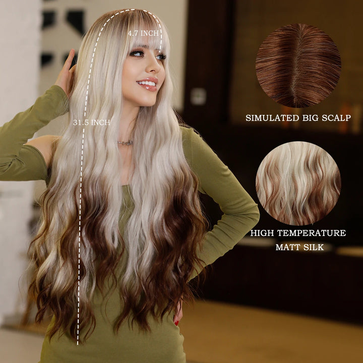 Ombre White Wig Long Wavy Wigs with Bangs for Women Long Platinum Blonde Wig Natural Looking Synthetic Heat Resistant Hair