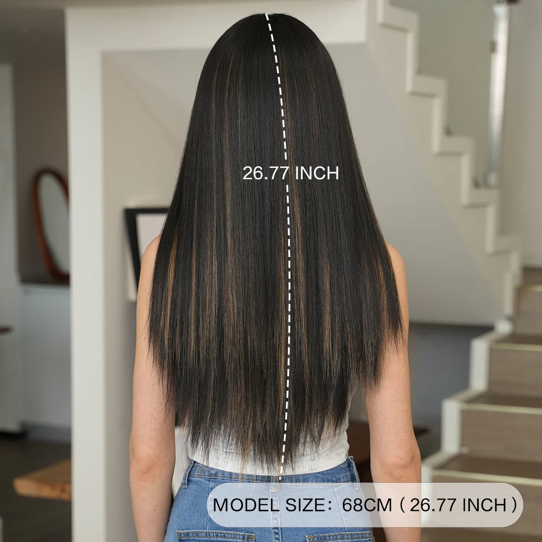 Orange Blonde Long Straight Wig with Bangs Synthetic Cruella De Vil Costume Hair Wig for Women Cosplay Anime Party Halloween.