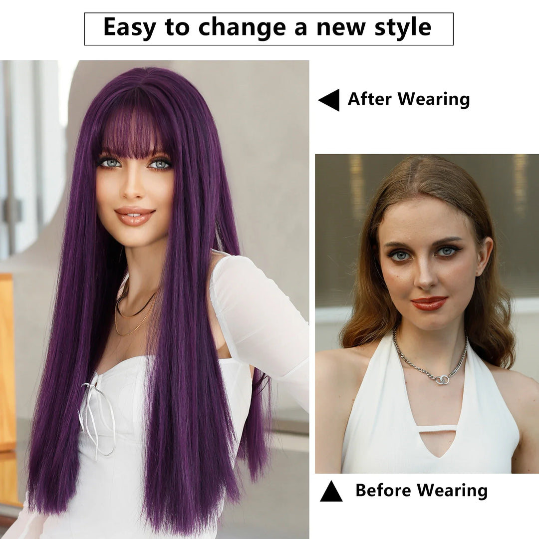 28 Inch Honey Blond Wig with Bangs, Long Straight Synthetic Wig for Women. Natural looking and suitable for daily use.