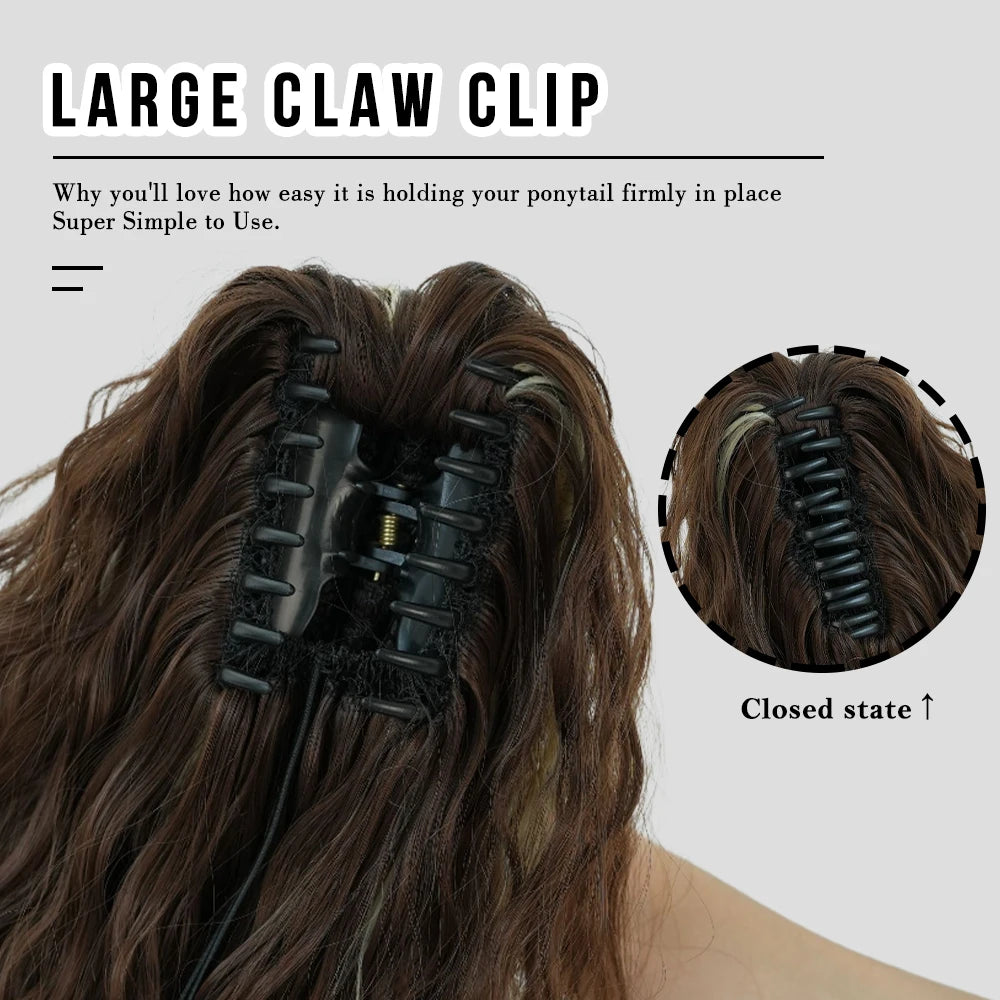 34 Inch Women's Black Synthetic Deep Wave & Water Wave Adjustable Size Ponytail Wig with Clip in