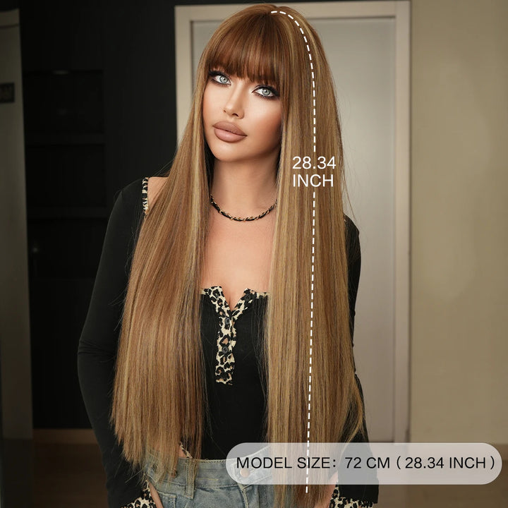 28 Inch Honey Blond Wig with Bangs, Long Straight Synthetic Wig for Women. Natural looking and suitable for daily use.