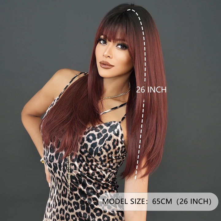 26" Long Wavy Red Layered Wig with Bangs, Synthetic Heat Resistant Hair for Daily Use.