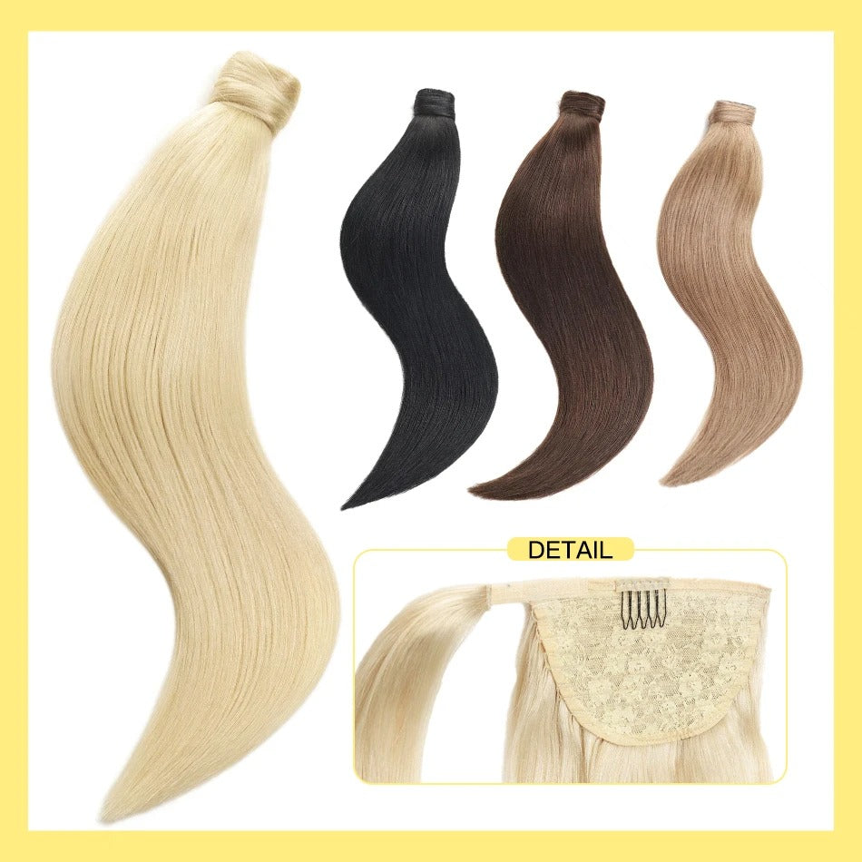 100% Remy Human Hair Highlight Wrap Around Ponytail – Brazilian Straight MagicTie Extension