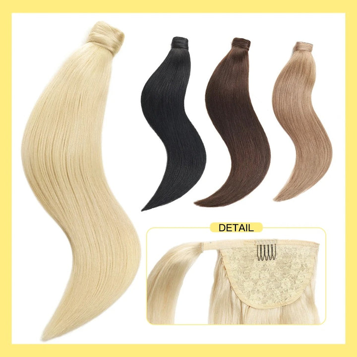 100% Remy Human Hair Highlight Wrap Around Ponytail – Brazilian Straight MagicTie Extension