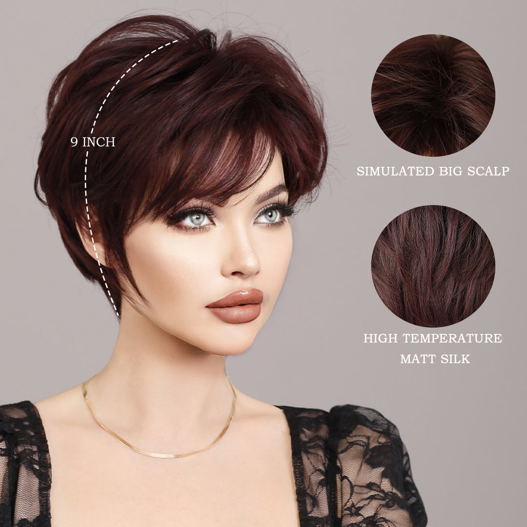 Ombre red pixie cut wig with bangs, cute and natural-looking. Short black and burgundy layered wavy style for women.