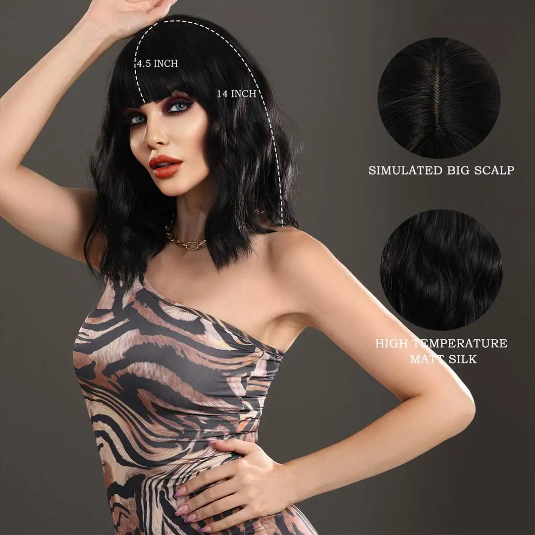 Black and white Cruella Deville wig for women's costume. Short curly wavy synthetic wig for parties and cosplay.