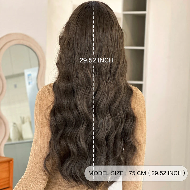 30-inch Extra Long Brown Curly Hair with Bangs Synthetic Matte Hair Wig for Women Heat Resistant