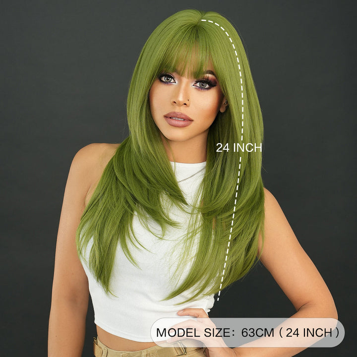 Light pink long wavy wig with bangs, 26 inches, made of synthetic heat-resistant hair. Perfect for daily use.