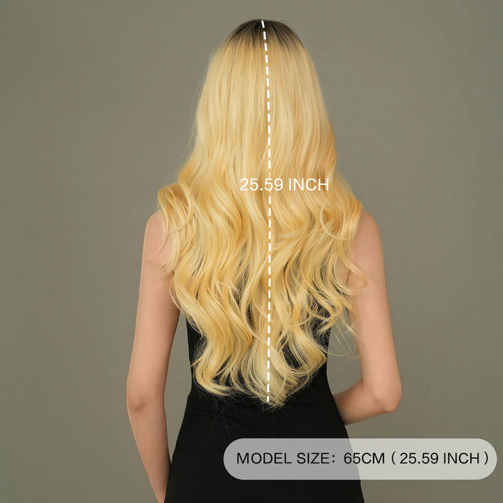 26 Inch Ombre Blond Curly Hair Wig for Women - Synthetic Matte Finish, Middle Parted.