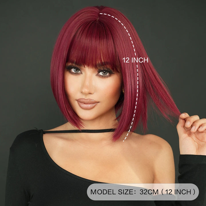 12-inch Short Bob Straight Wig with Bangs - Natural Red Yaki Synthetic Heat Resistant Burgundy Red Hair for Party Cosplay.