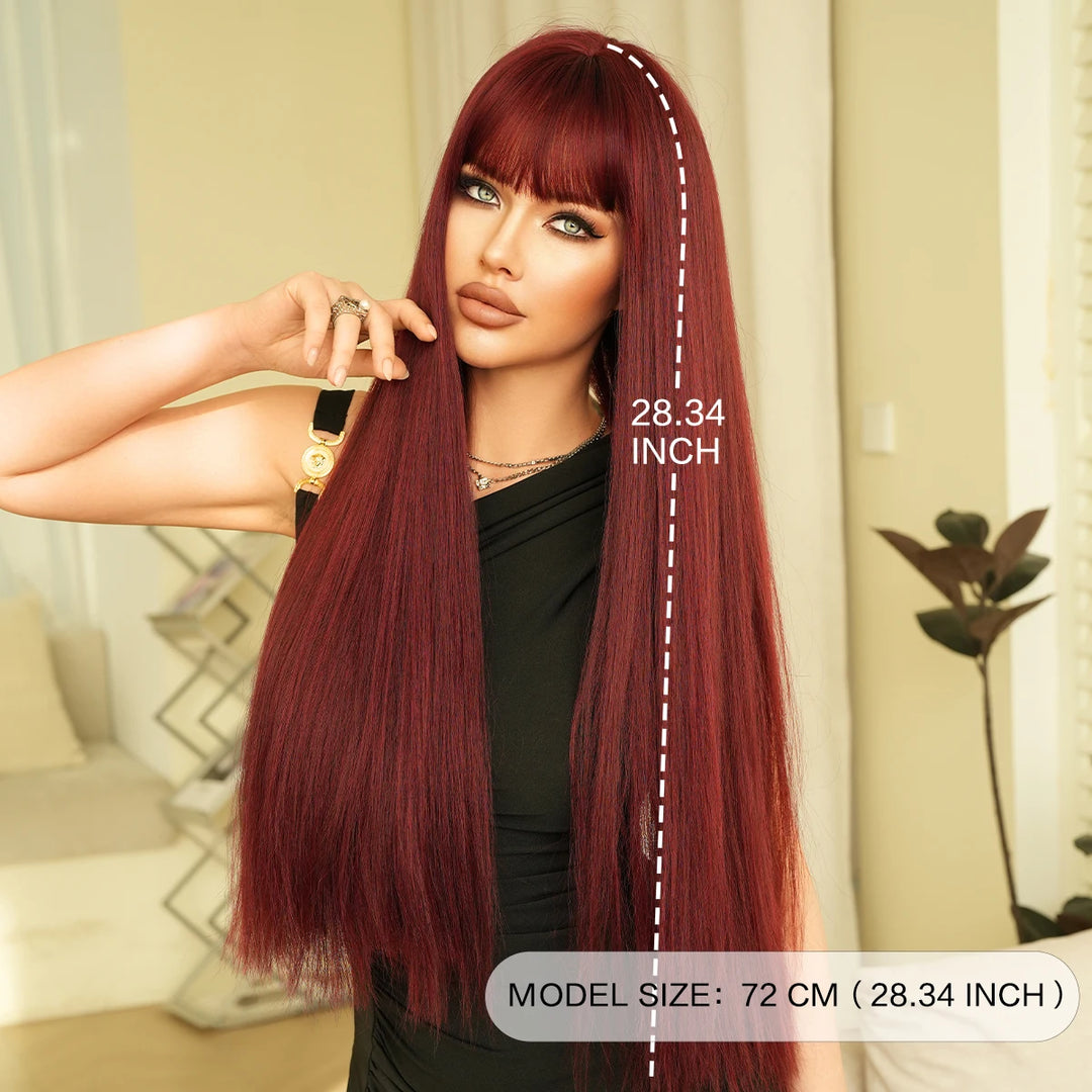 28 Inch Natural Black Wig with Bangs Extra Long Straight Wig for Women. This wig is natural-looking and comes in black-brown synthetic material.