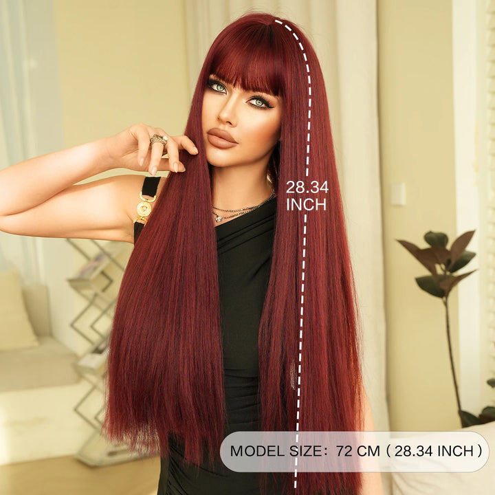 28 Inch Natural Black Wig with Bangs Extra Long Straight Wig for Women. This wig is natural-looking and comes in black-brown synthetic material.