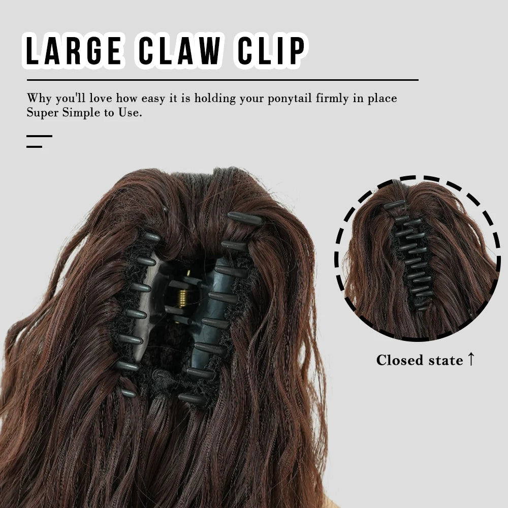 34 Inch Women's Black Synthetic Deep Wave & Water Wave Adjustable Size Ponytail Wig with Clip in