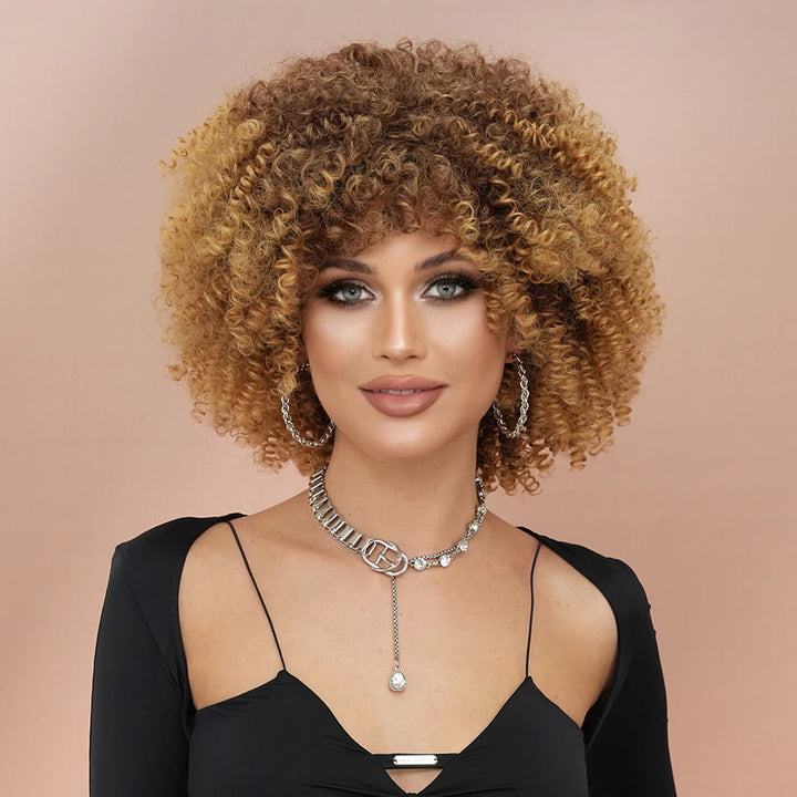 16" Curly Afro Wig with Bangs for Black Women. Kinky curly synthetic wig in ombre brown blonde.