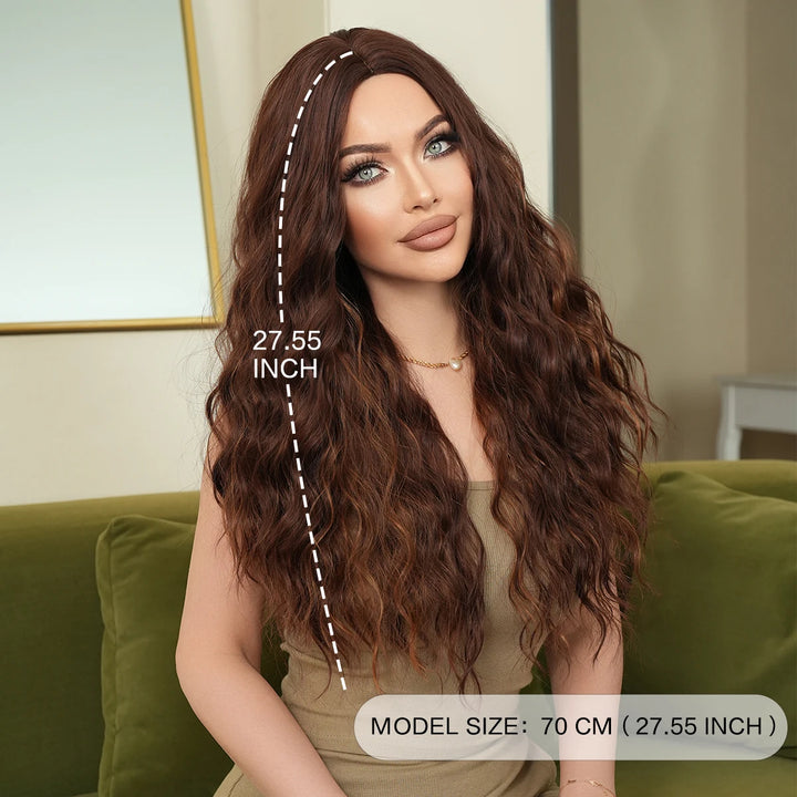 28-inch long curly brown ombre synthetic hair wig with a middle parting, water wave style. Made from heat-resistant fiber for a natural matte finish. Peluca#