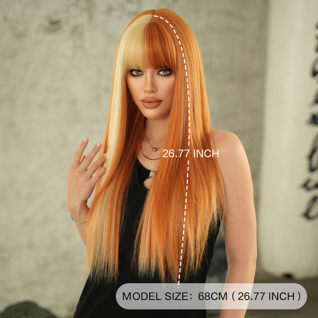 Orange Blonde Long Straight Wig with Bangs Synthetic Cruella De Vil Costume Hair Wig for Women Cosplay Anime Party Halloween.