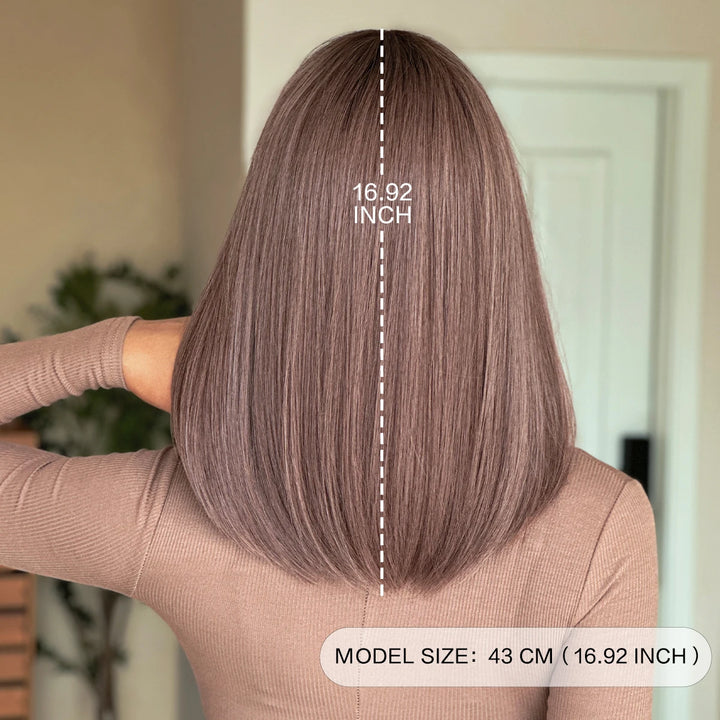 Purple Ombre Shoulder-Length Straight Layered Synthetic Wig with Bangs, 16 Inches. Natural Matte Hair for Women.
