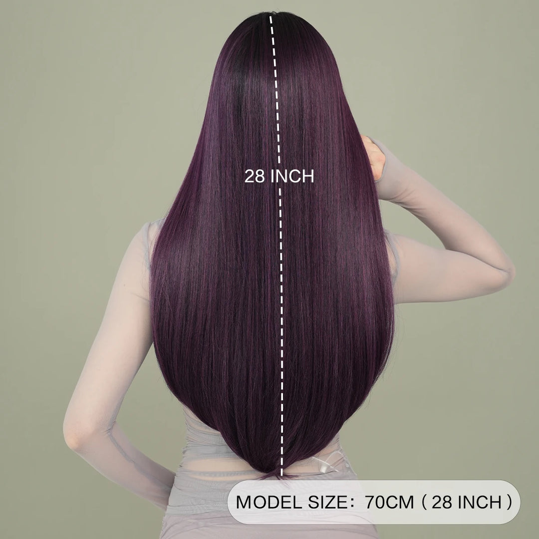 Ombre purple synthetic wig with bangs, 28 inches long, heat resistant fiber.
