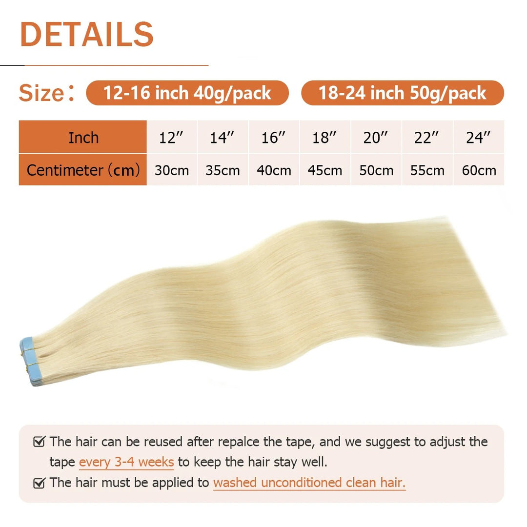 Tape-In Human Hair Extensions – Natural Remy Skin Weft | Seamless, Soft & Tangle-Free | 40–50g/Pack | 12–24 Inch Lengths