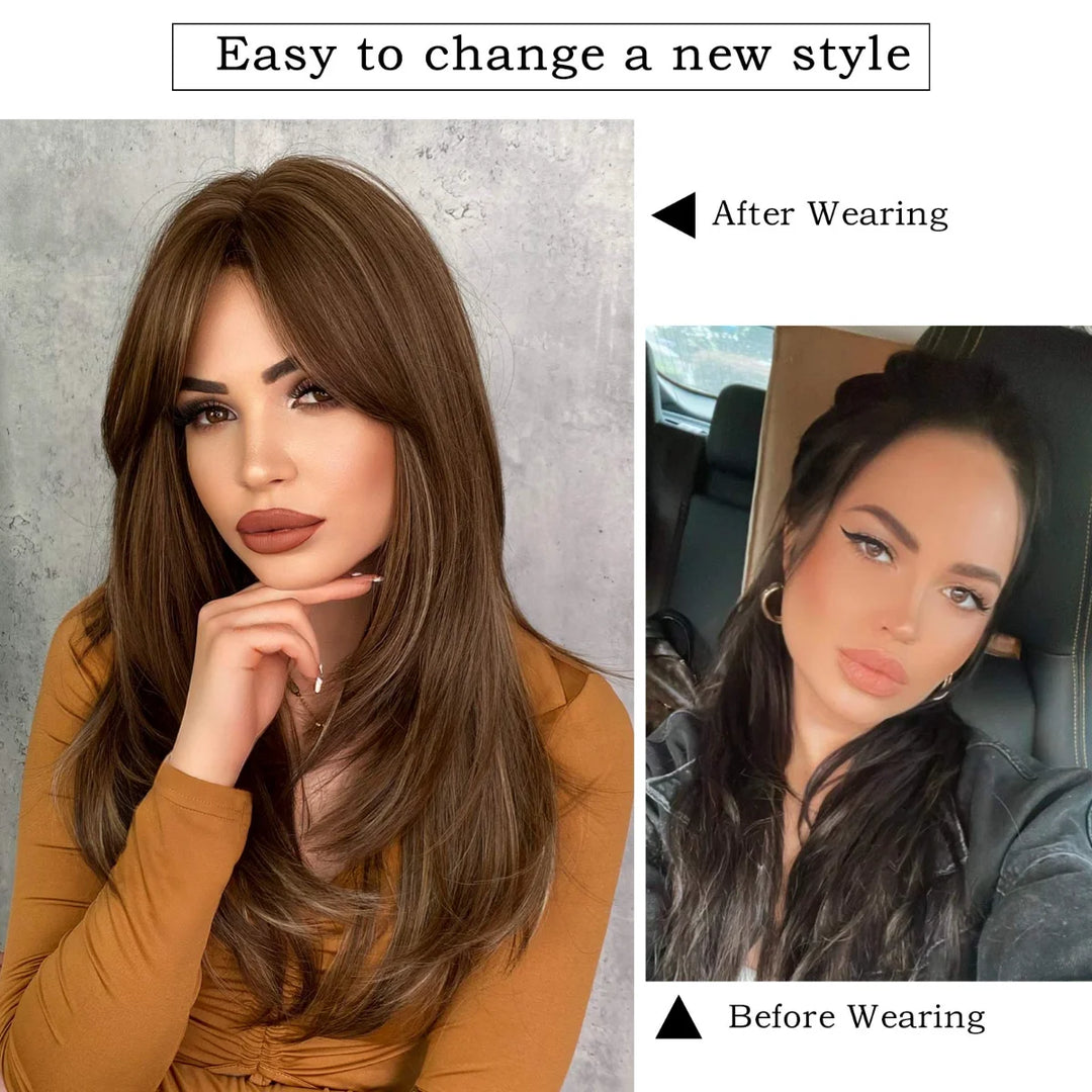 Honey Blonde Wig with Bangs - Long Brown Wigs for Women, Layered Heat Resistant Synthetic Wigs. Perfect for a natural look!