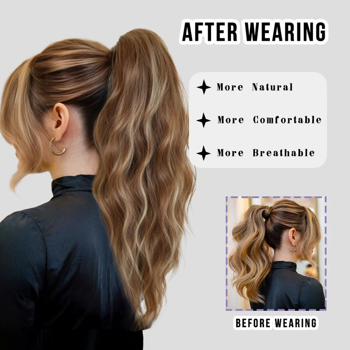 20 Inch Women's Wig with Cinnamon Gold Highlights Adjustable Size Black Curly Ponytail Synthetic Hair and Black Wig Clips