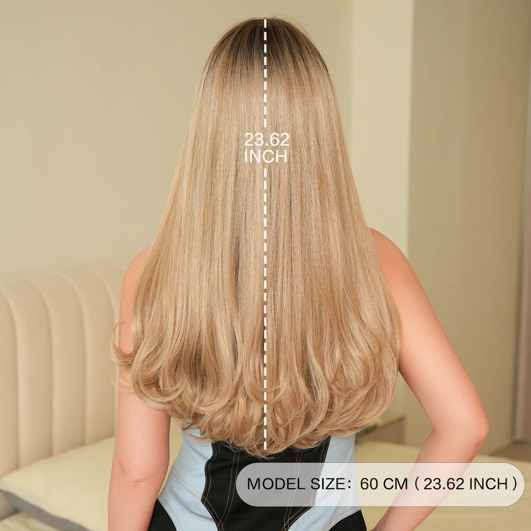 24 Inch Long Curly Ombre Blond Synthetic Hair Wigs with Bangs Blonde Heat Resistant Fiber Natural Matt Wigs Peluca