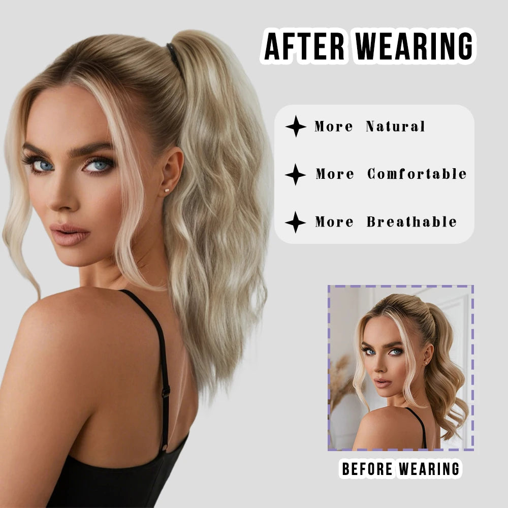 18 Inch Women's Lilac Highlight Natural Wave Drawstring Adjustable Size Black Synthetic Hair Beige Clip Portable Easy Ponytail