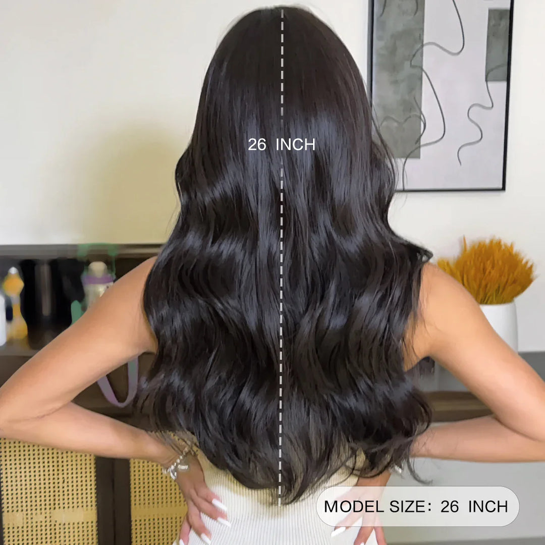 30-inch long curly highlighted brown synthetic hair wig. Made from heat-resistant fiber for a natural matte finish. Peluca.